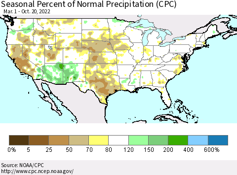 United States Seasonal Percent of Normal Precipitation (CPC) Thematic Map For 3/1/2022 - 10/20/2022
