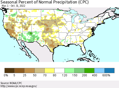 United States Seasonal Percent of Normal Precipitation (CPC) Thematic Map For 3/1/2022 - 10/31/2022