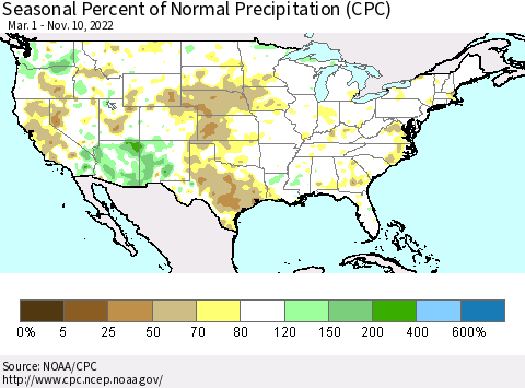 United States Seasonal Percent of Normal Precipitation (CPC) Thematic Map For 3/1/2022 - 11/10/2022