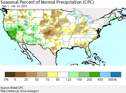 United States Seasonal Percent of Normal Precipitation (CPC) Thematic Map For 9/1/2022 - 1/10/2023