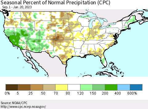 United States Seasonal Percent of Normal Precipitation (CPC) Thematic Map For 9/1/2022 - 1/20/2023