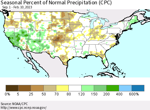 United States Seasonal Percent of Normal Precipitation (CPC) Thematic Map For 9/1/2022 - 2/10/2023