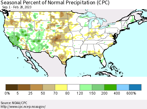 United States Seasonal Percent of Normal Precipitation (CPC) Thematic Map For 9/1/2022 - 2/28/2023
