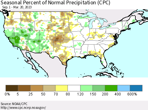 United States Seasonal Percent of Normal Precipitation (CPC) Thematic Map For 9/1/2022 - 3/20/2023