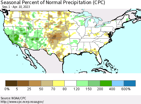 United States Seasonal Percent of Normal Precipitation (CPC) Thematic Map For 9/1/2022 - 4/10/2023