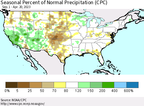 United States Seasonal Percent of Normal Precipitation (CPC) Thematic Map For 9/1/2022 - 4/20/2023