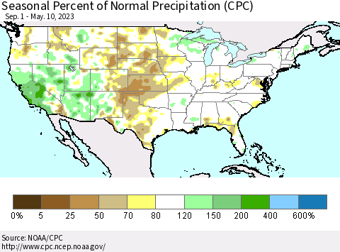 United States Seasonal Percent of Normal Precipitation (CPC) Thematic Map For 9/1/2022 - 5/10/2023