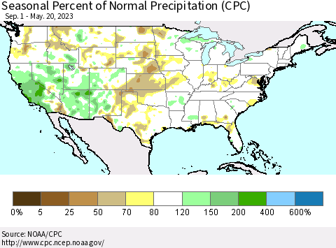 United States Seasonal Percent of Normal Precipitation (CPC) Thematic Map For 9/1/2022 - 5/20/2023