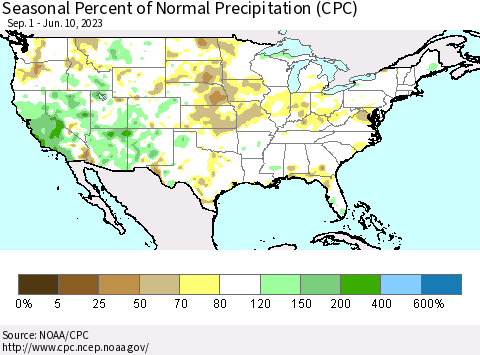 United States Seasonal Percent of Normal Precipitation (CPC) Thematic Map For 9/1/2022 - 6/10/2023