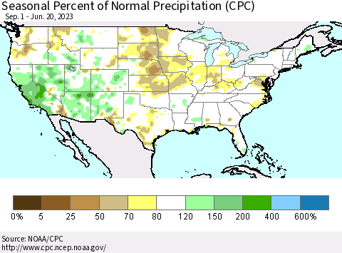United States Seasonal Percent of Normal Precipitation (CPC) Thematic Map For 9/1/2022 - 6/20/2023