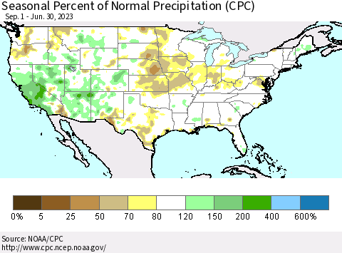 United States Seasonal Percent of Normal Precipitation (CPC) Thematic Map For 9/1/2022 - 6/30/2023