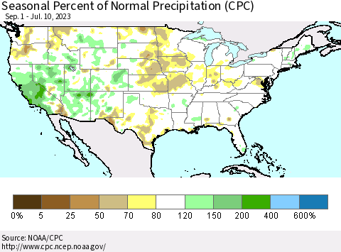 United States Seasonal Percent of Normal Precipitation (CPC) Thematic Map For 9/1/2022 - 7/10/2023