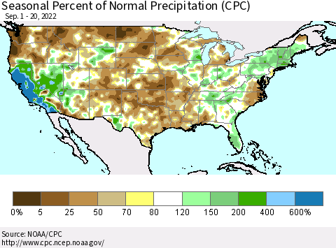 United States Seasonal Percent of Normal Precipitation (CPC) Thematic Map For 9/1/2022 - 9/20/2022