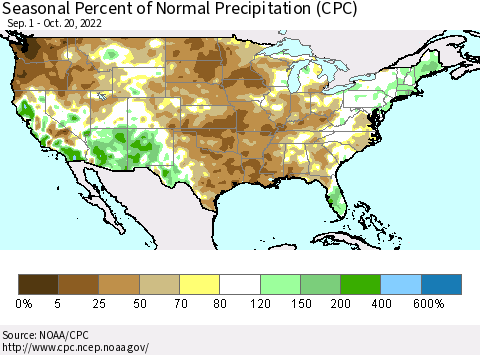 United States Seasonal Percent of Normal Precipitation (CPC) Thematic Map For 9/1/2022 - 10/20/2022