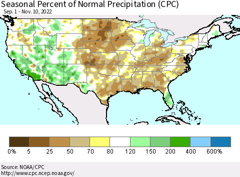 United States Seasonal Percent of Normal Precipitation (CPC) Thematic Map For 9/1/2022 - 11/10/2022