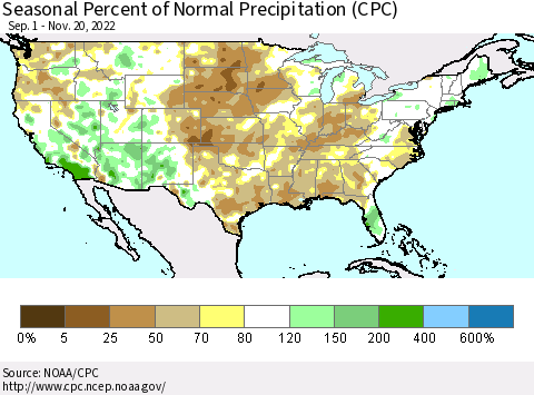 United States Seasonal Percent of Normal Precipitation (CPC) Thematic Map For 9/1/2022 - 11/20/2022