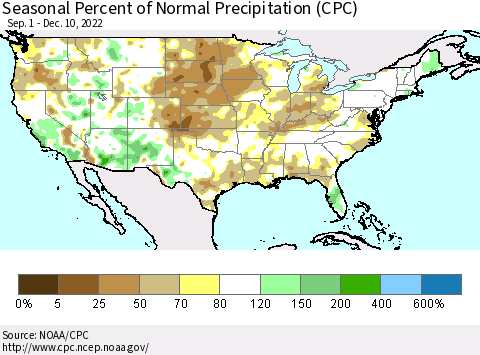 United States Seasonal Percent of Normal Precipitation (CPC) Thematic Map For 9/1/2022 - 12/10/2022