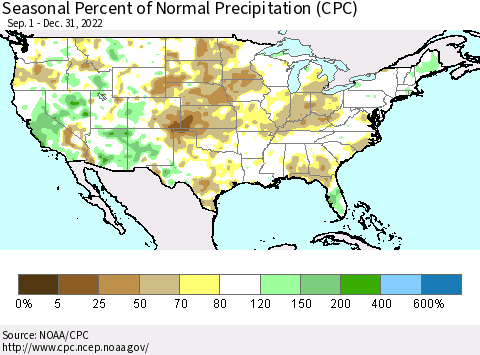 United States Seasonal Percent of Normal Precipitation (CPC) Thematic Map For 9/1/2022 - 12/31/2022