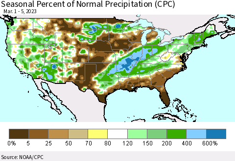 United States Seasonal Percent of Normal Precipitation (CPC) Thematic Map For 3/1/2023 - 3/5/2023