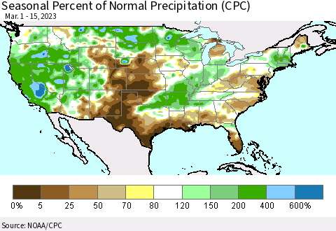 United States Seasonal Percent of Normal Precipitation (CPC) Thematic Map For 3/1/2023 - 3/15/2023