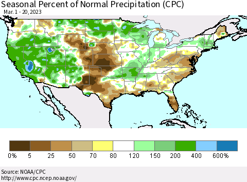 United States Seasonal Percent of Normal Precipitation (CPC) Thematic Map For 3/1/2023 - 3/20/2023