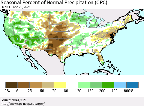 United States Seasonal Percent of Normal Precipitation (CPC) Thematic Map For 3/1/2023 - 4/20/2023