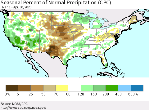 United States Seasonal Percent of Normal Precipitation (CPC) Thematic Map For 3/1/2023 - 4/30/2023