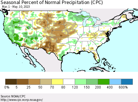 United States Seasonal Percent of Normal Precipitation (CPC) Thematic Map For 3/1/2023 - 5/10/2023