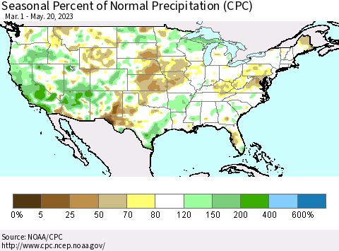 United States Seasonal Percent of Normal Precipitation (CPC) Thematic Map For 3/1/2023 - 5/20/2023