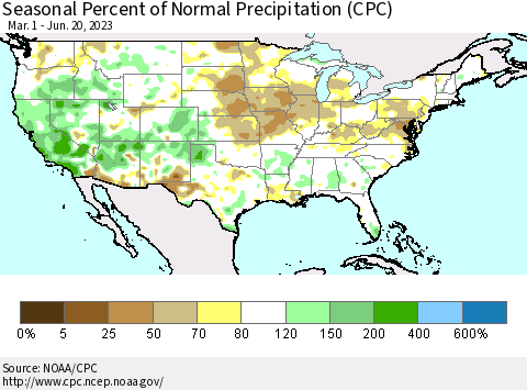 United States Seasonal Percent of Normal Precipitation (CPC) Thematic Map For 3/1/2023 - 6/20/2023