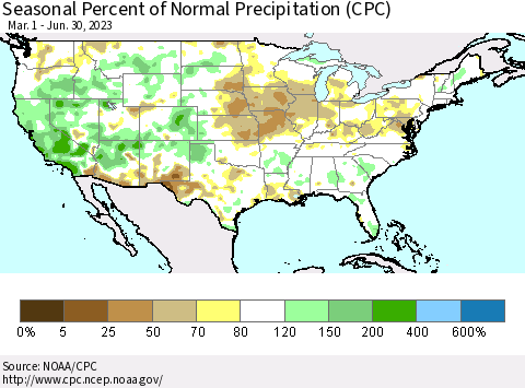 United States Seasonal Percent of Normal Precipitation (CPC) Thematic Map For 3/1/2023 - 6/30/2023
