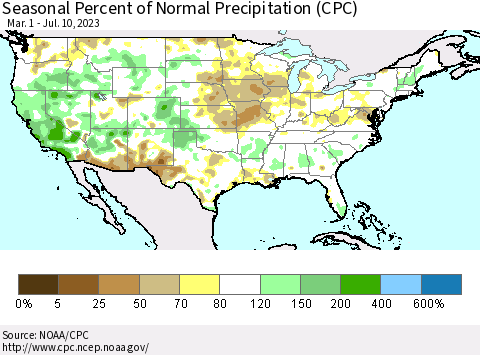 United States Seasonal Percent of Normal Precipitation (CPC) Thematic Map For 3/1/2023 - 7/10/2023