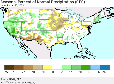 United States Seasonal Percent of Normal Precipitation (CPC) Thematic Map For 3/1/2023 - 7/20/2023