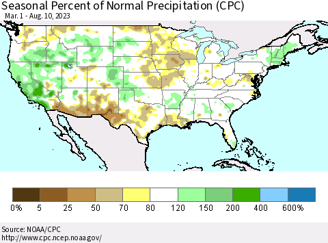 United States Seasonal Percent of Normal Precipitation (CPC) Thematic Map For 3/1/2023 - 8/10/2023