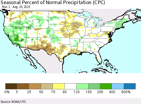 United States Seasonal Percent of Normal Precipitation (CPC) Thematic Map For 3/1/2023 - 8/20/2023