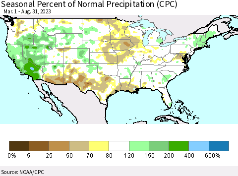 United States Seasonal Percent of Normal Precipitation (CPC) Thematic Map For 3/1/2023 - 8/31/2023