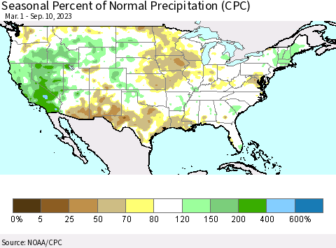 United States Seasonal Percent of Normal Precipitation (CPC) Thematic Map For 3/1/2023 - 9/10/2023