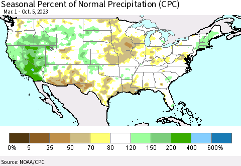 United States Seasonal Percent of Normal Precipitation (CPC) Thematic Map For 3/1/2023 - 10/5/2023
