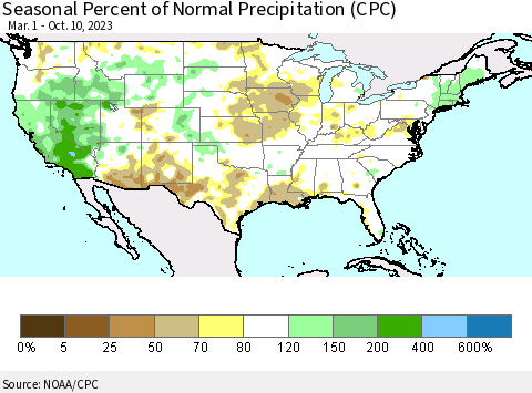 United States Seasonal Percent of Normal Precipitation (CPC) Thematic Map For 3/1/2023 - 10/10/2023