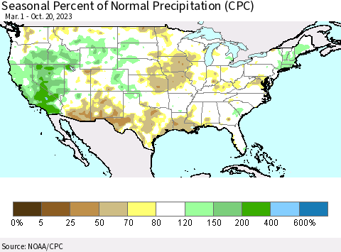 United States Seasonal Percent of Normal Precipitation (CPC) Thematic Map For 3/1/2023 - 10/20/2023
