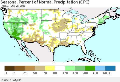 United States Seasonal Percent of Normal Precipitation (CPC) Thematic Map For 3/1/2023 - 10/25/2023