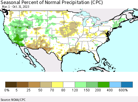 United States Seasonal Percent of Normal Precipitation (CPC) Thematic Map For 3/1/2023 - 10/31/2023