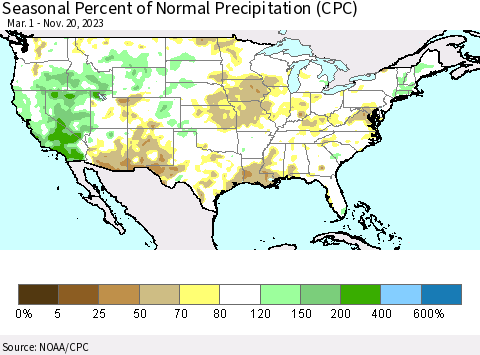 United States Seasonal Percent of Normal Precipitation (CPC) Thematic Map For 3/1/2023 - 11/20/2023