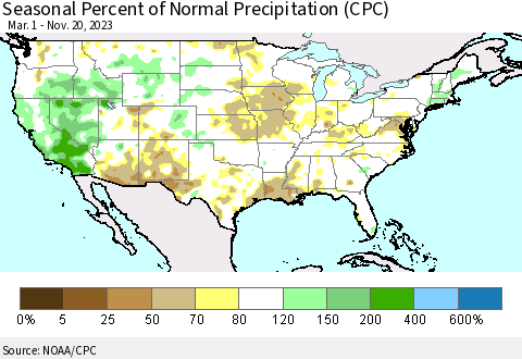 United States Seasonal Percent of Normal Precipitation (CPC) Thematic Map For 3/1/2023 - 11/20/2023