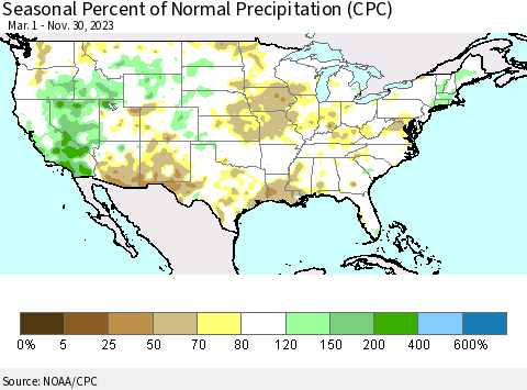 United States Seasonal Percent of Normal Precipitation (CPC) Thematic Map For 3/1/2023 - 11/30/2023