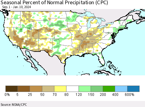 United States Seasonal Percent of Normal Precipitation (CPC) Thematic Map For 9/1/2023 - 1/10/2024
