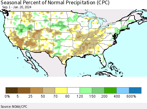 United States Seasonal Percent of Normal Precipitation (CPC) Thematic Map For 9/1/2023 - 1/20/2024