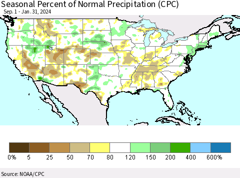 United States Seasonal Percent of Normal Precipitation (CPC) Thematic Map For 9/1/2023 - 1/31/2024