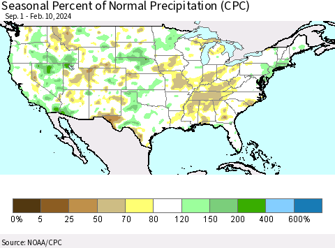 United States Seasonal Percent of Normal Precipitation (CPC) Thematic Map For 9/1/2023 - 2/10/2024