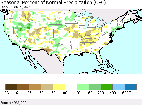 United States Seasonal Percent of Normal Precipitation (CPC) Thematic Map For 9/1/2023 - 2/20/2024